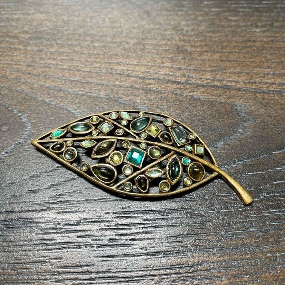 LARGE Multi Color Rhinestone Brass Color Leaf Brooch Pin 3” Fall Jewelry - Picture 6 of 8